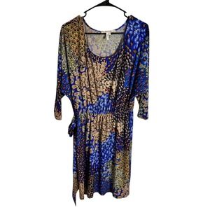 Maxandcleo Peacock Feather Print Dress Blue Tan 3/4 Sleeve Elastic Waist Medium